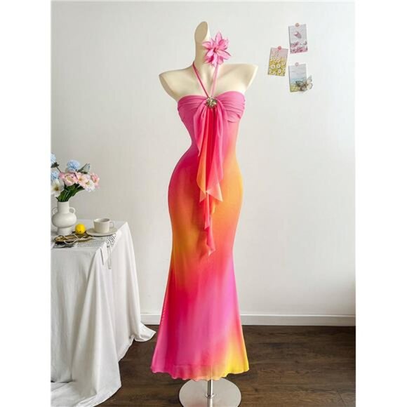 NewSoleia Women's Vacation Knit Mesh Ombre Romantic Fit & Flare Halter Neck